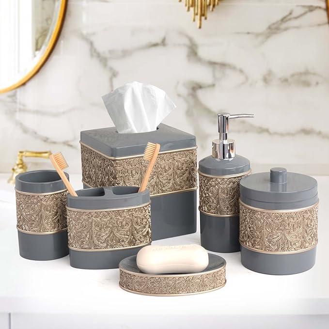 6-Piece Bathroom Accessories Set – Soap Dispenser, Toothbrush Holder, Tumbler, Soap Dish, Cotton Swab Jar & Toilet Brush – Modern Bathroom Decor Set (Gold Grey)