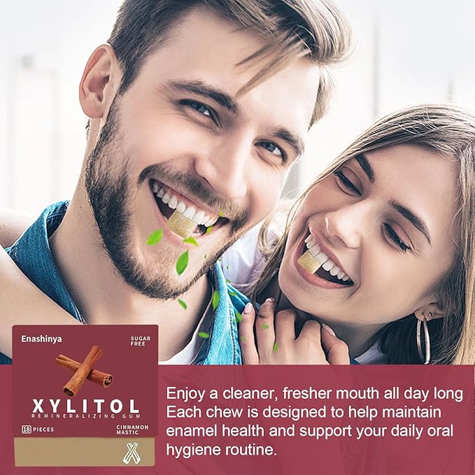 Enashinya Remineralizing Chewing Gum，Organic Mastic Cinnamon Flavor - Remineralizing Chewing Gum with Xylitol，Sugar-Free, Fresh Breath for Enamel Care Teeth & Oral Health （3 Boxes）