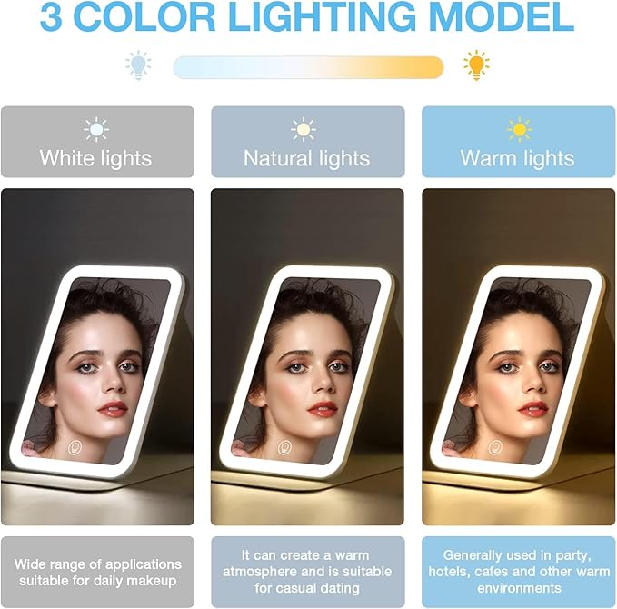 Kintion Travel Makeup Mirror, Portable LED Lighted Makeup Mirror, 360° Rotation Touch Screen Vanity Mirror, 60 LEDs, 3-Color Dimmable Lighting, Rechargeable Tabletop Folding Cosmetic Mirror, Blue