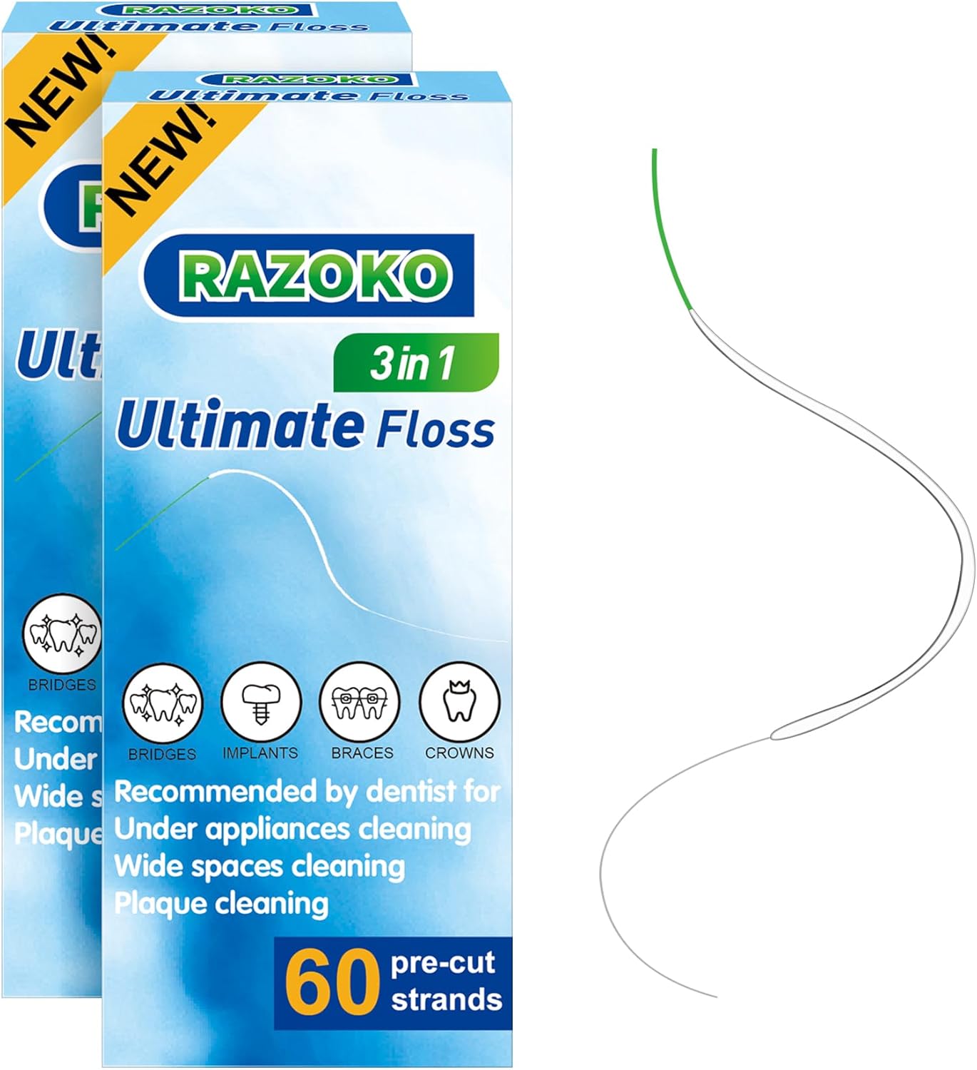 RAZOKO 3-in-1 Floss for Braces, 120 Pre-Cut Strands | Floss Threaders, Spongy & Regular Floss for Bridges & Wide Gaps
