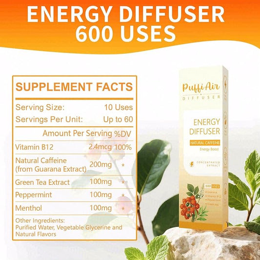 Energy Herbal Diffuser Pen - Caffeine Diffuser for Energy Boost (Guarana, Green Tea, Peppermint & Menthol) - 600 Uses, 1 Sticks