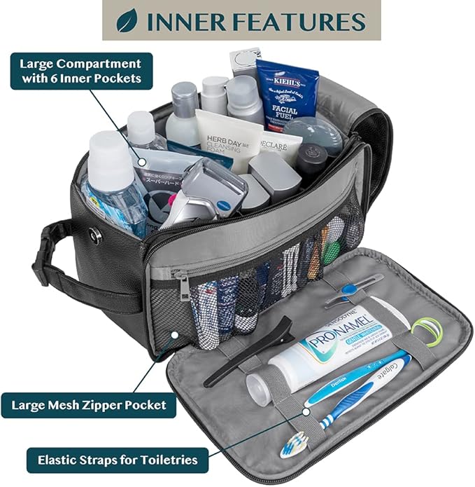 PAVILIA Toiletry Bag for Men, Travel Essentials Shaving Dopp Kit, Mens Travel Bag Toiletries Organizer Case for Grooming, PU Leather Water Resistant Cosmetic Bag Pouch (XL, Black)