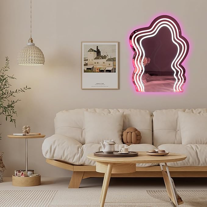 Wavy Mirror Neon Sign Neon Wall Art Sign for Wall Decor LED Neon Mirror Light Sign for Girls Room Bedroom Wedding Birthday Party
