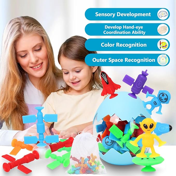 Suction Bath Toys for Kids, 20 Pcs No Hole Outer Space Bath Toy with Eggshell & Bag, Silicone Suction Cup Toys, Sensory Window Building Toys for Toddlers Boys Girls 3 4 5 6 Year Old