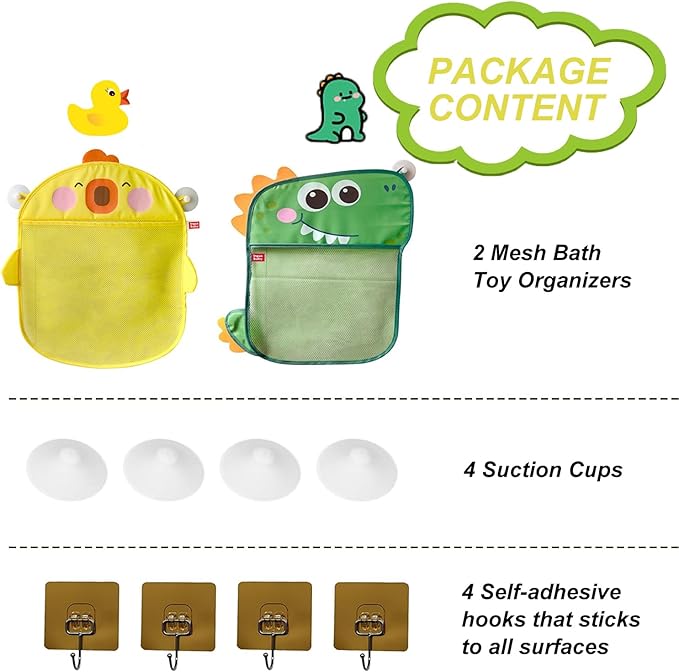2 Pack Mesh Bath Toy Organizer, Anberky Cute Duck & Dinosaur Bath Toy Storage Net Bathtub Toy Organizer, Perfect Bathroom Hanging Storage Bag Quick Dry Bath Toy Holder Bag with 8 Strong Hooks (#A)