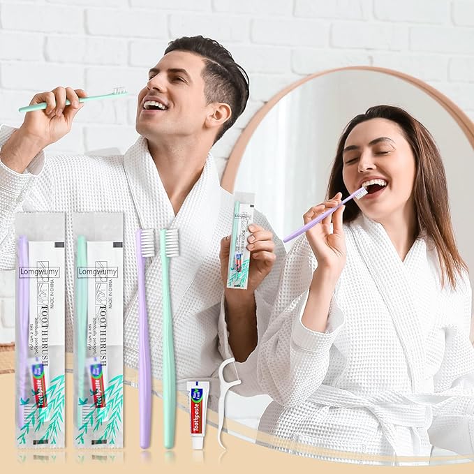 Disposable Toothbrushes, Toothbrush and Toothpaste, Toothbrush and Toothpaste Travel, Comes with Floss Picks, Individually Packaged, 2 Colors, Suitable for Hotel, Home, Camping, Travel (PACK-100)