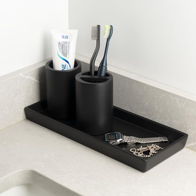 Matte Black Resin Bathroom Tumbler Cup - Matte Black Toothbrush Holder, 4x2.75 Inch, 12oz Capacity, Minimalist Vanity Countertop Organizer (Black)