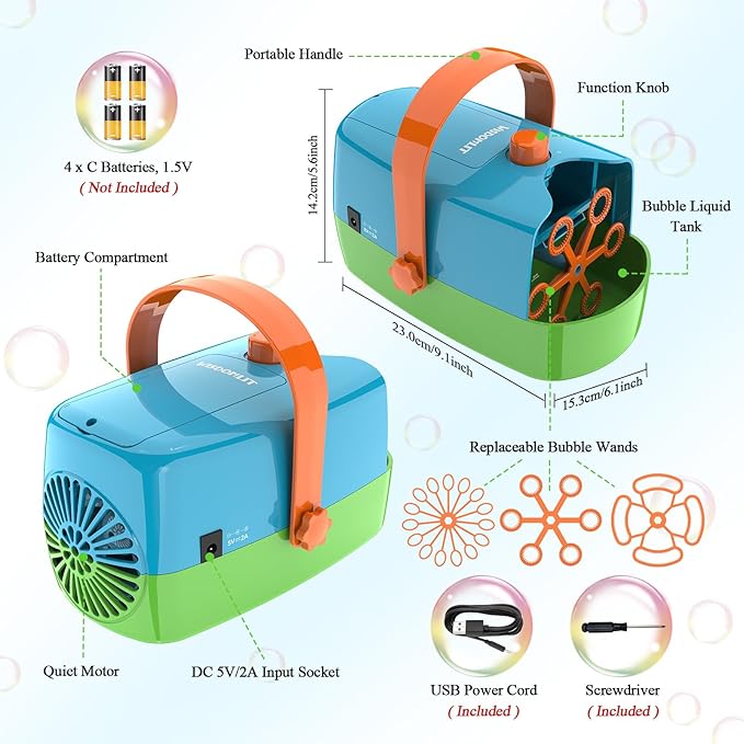 Bubble Machine, 3-in-1 Bubble Maker, Automatic Bubble Blower with 3 Bubble Wands, 8000+ Colorful Bubbles for Kids Toddlers, Operated by Plug-in or Batteries for Indoor Outdoor Birthday Party