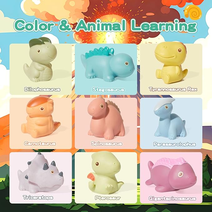 Mold Free Bath Toys, 9 Pack | Sealed, No Hole Bath Toys | Soft, Squeezable & Float on Water | Non-Toxic Easy-Grip Baby & Toddler Bath Toy Set | Baby Gift for Christmas Stocking Stuffers (Dinosaur)