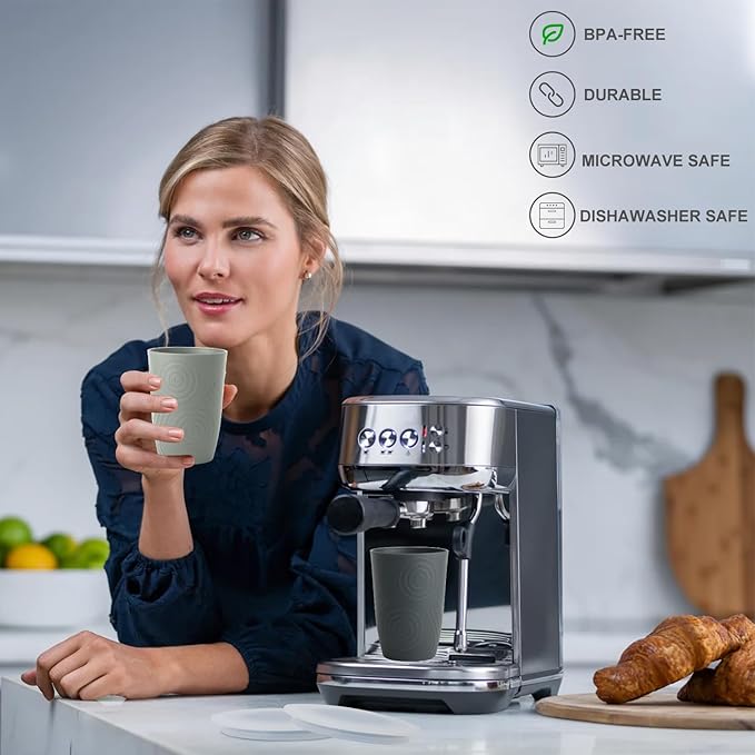 Wrova Wheat Straw Cups 16oz Set of 8 with Silicone Covers - Alternative Plastic Cups Reusable Dishwasher Safe - Unbreakable Plastic Drinking Cups for Kids - Black to Gray