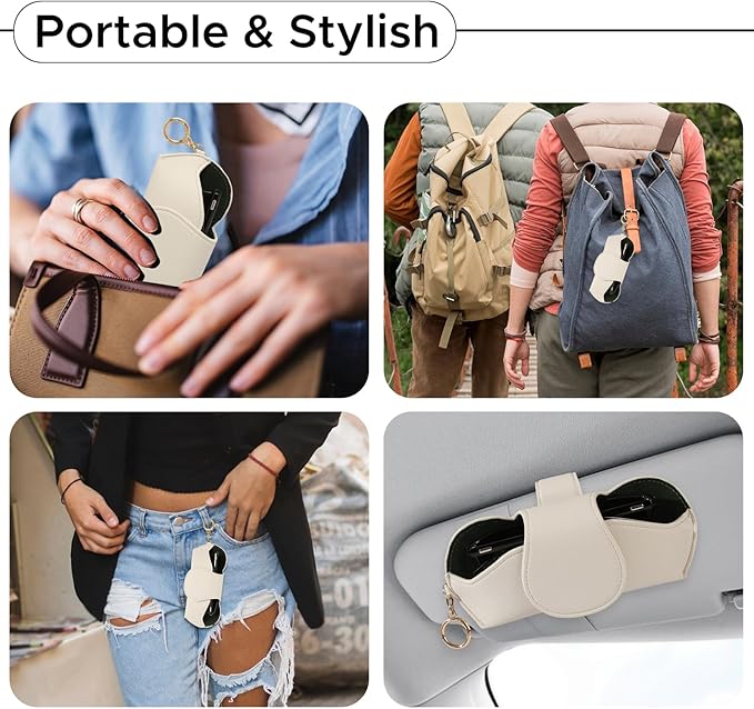 KINIVA Sunglasses Holder for Car Visor with Hanging Hook Portable Leather Glasses Storage Bag with Detachable Clips