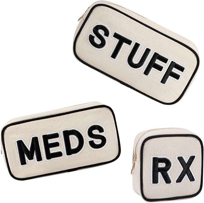 3Pcs Canvas Rx MEDS STUFF Packages, Cute Chenille Letter Patch Drug Makeup Bag with Metal Zipper, Mini Travel First Aid Purse Organizer Machine Washable (3Pcs Bags)