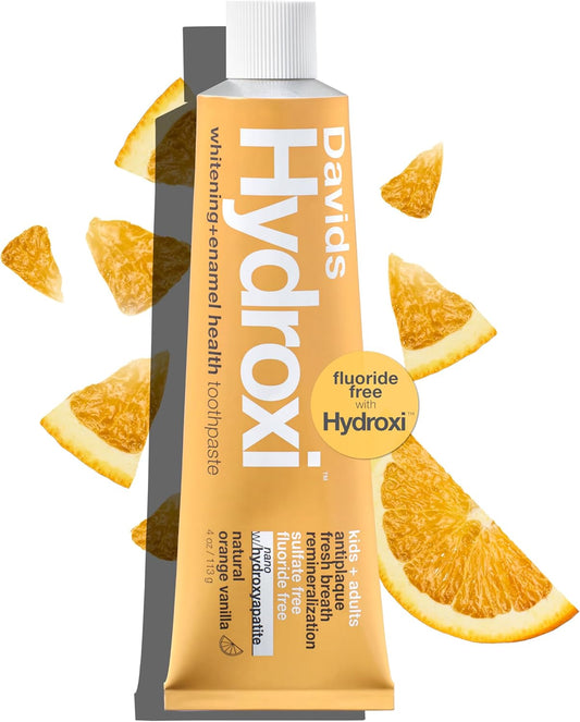 Davids Hydroxi Fluoride Free Nano Hydroxyapatite Toothpaste for Enamel Health & Whitening, Antiplaque, SLS Free, Kid Friendly Orange Vanilla Flavor, 4 oz, Made in USA