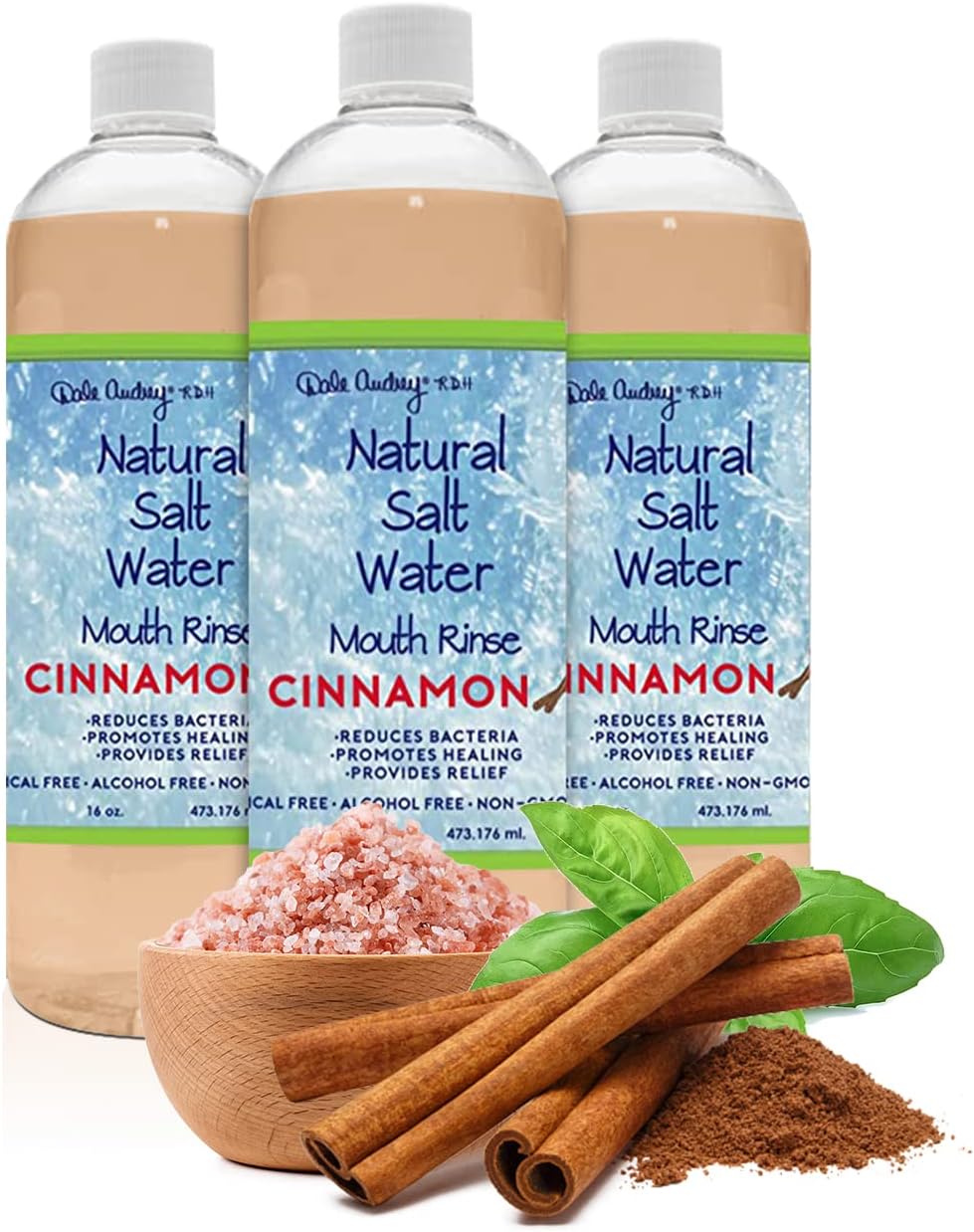 3 Pack Natural Saltwater Mouth Rinse | Himalayan Pink Salt Water Oral Rinse | Organic Cinnamon Flavor Fluoride & Alcohol Free Mouthwash for Fresh Breath | Natural Gum Care Mouthwash-16 FL Oz