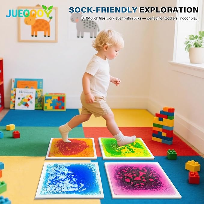 Liquid Sensory Floor Tiles for Kids Ages 3+, 12" Step-On Sensory Tiles with Non-Slip Base, Interactive Color-Flow, Assorted Colors, Classroom & Group Activity Set (9-Pack)
