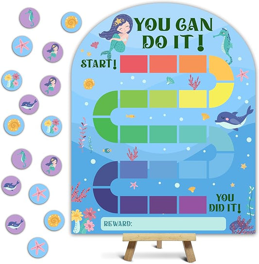 Mermaid Reward Chart, Behavior Chart for Kids at Home, Wooden Incentive Chart Signboard with 24 Tokens, Under The Sea Themed Sticker Charts Classroom Essentials -04