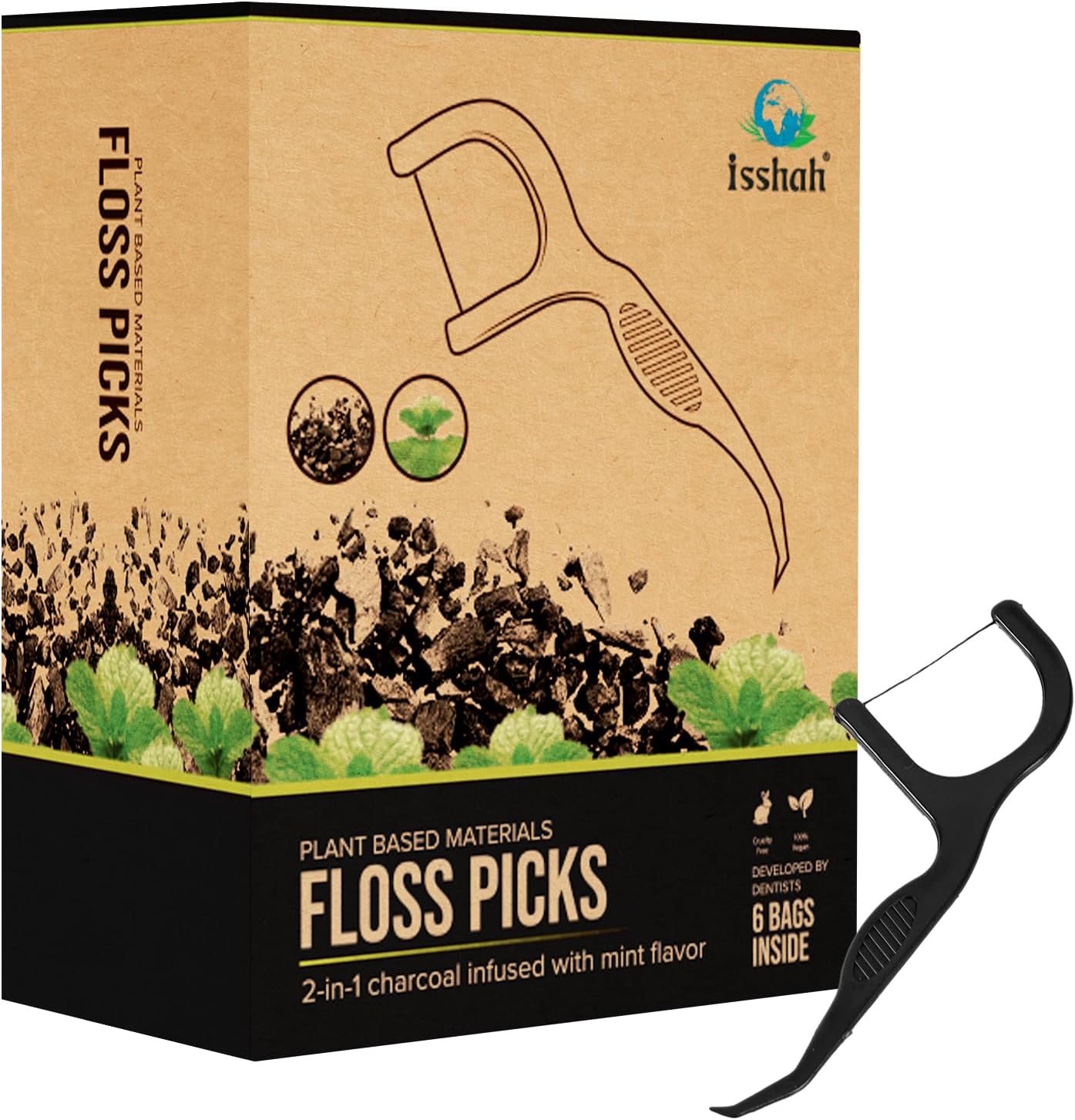 Floss Picks (300 Count) – Plant Based Dental Floss Picks for Superior Oral Care, Dental Hygiene, and Gum Health, Cruelty Free Tooth Floss Picks Single Thread (Charcoal)