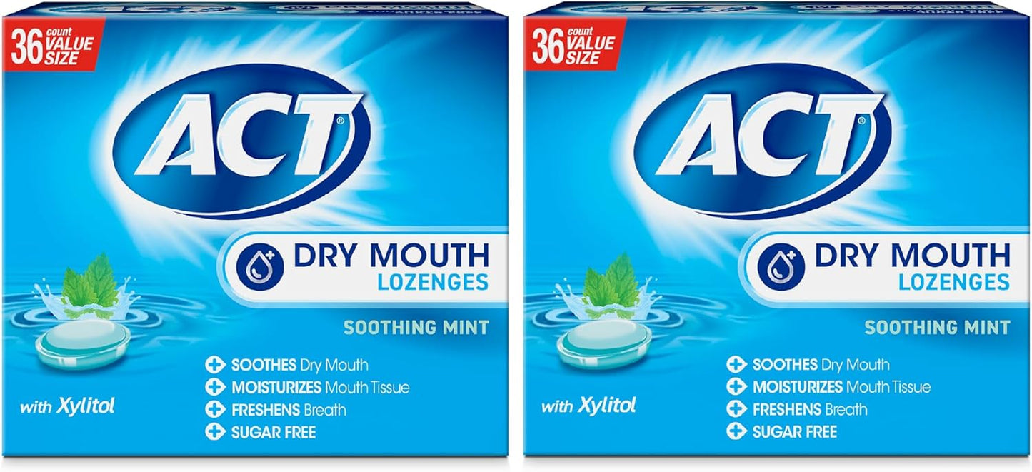 Act Dry Mouth Lozenges with Xylitol, Soothes, Moisturizes & Freshens, Soothing Mint, Value Size, 36 ct., 2 pk