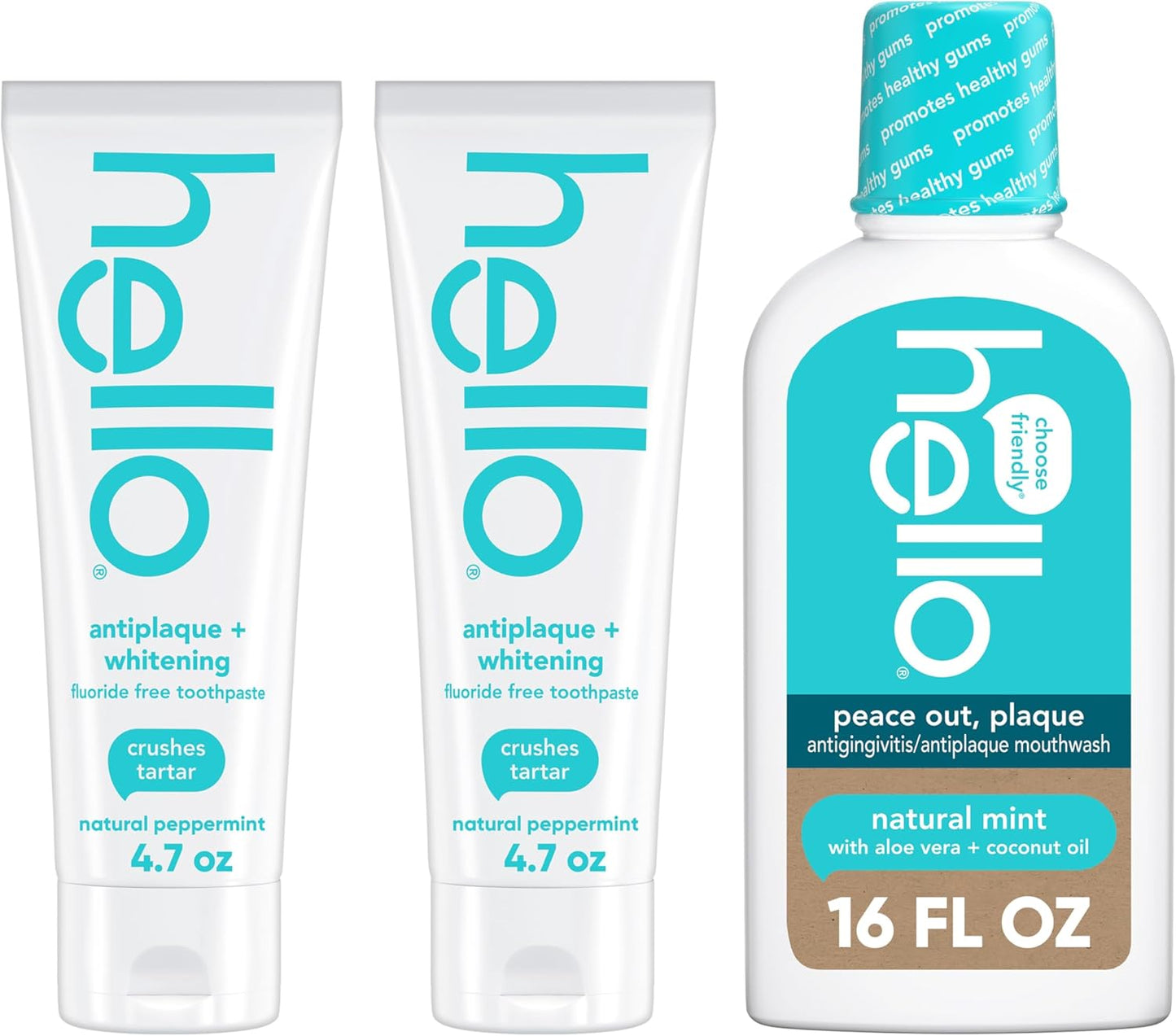 Hello Antiplaque and Whitening Fluoride Free Toothpaste and Peace Out Plaque Antigingivitis Mouthwash, Alcohol Free, Vegan, SLS Free and Gluten Free, 4.7 Ounce Tubes, 16 Ounce Bottle