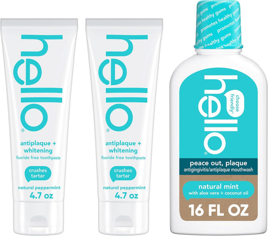 Hello Antiplaque and Whitening Fluoride Free Toothpaste and Peace Out Plaque Antigingivitis Mouthwash, Alcohol Free, Vegan, SLS Free and Gluten Free, 4.7 Ounce Tubes, 16 Ounce Bottle