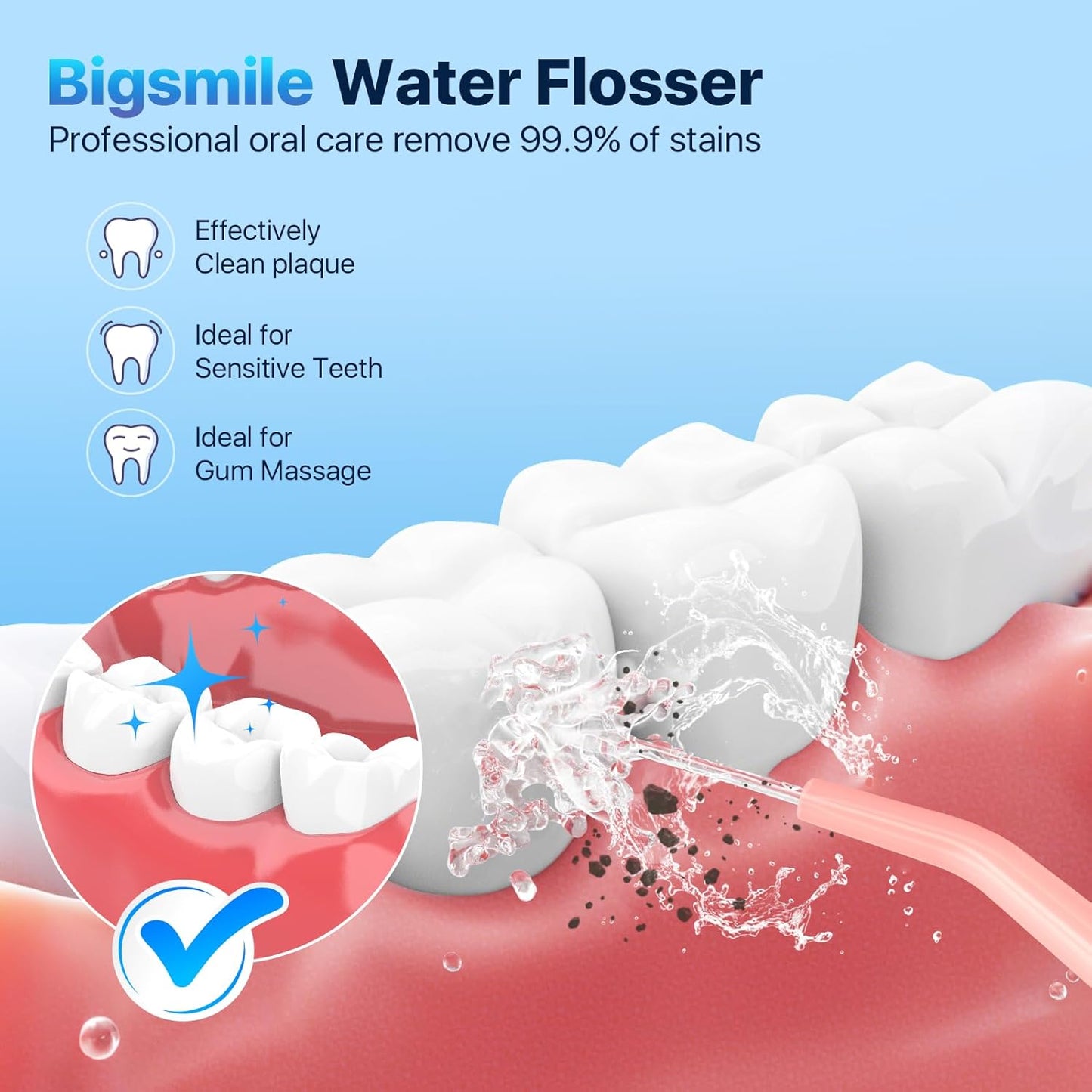 Bigsmile Water Flosser for Teeth, Electric Oral Irrigator, Cordless Water Flosser, USB Rechargeable, IPX7 Waterproof, Effectively Maintain Oral Cleanliness and Health (Pink)