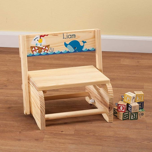 Custom 2-in-1 Children's Step Stool and Chair, Customized with Kid’s Name, Ocean Design