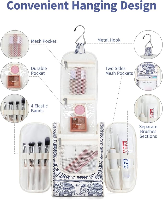 Narwey Small Hanging Toiletry Bag Women Travel Makeup Bag Organizer Toiletries Bag for Travel Size Essentials Accessories Cosmetics (Medium, Elephant)