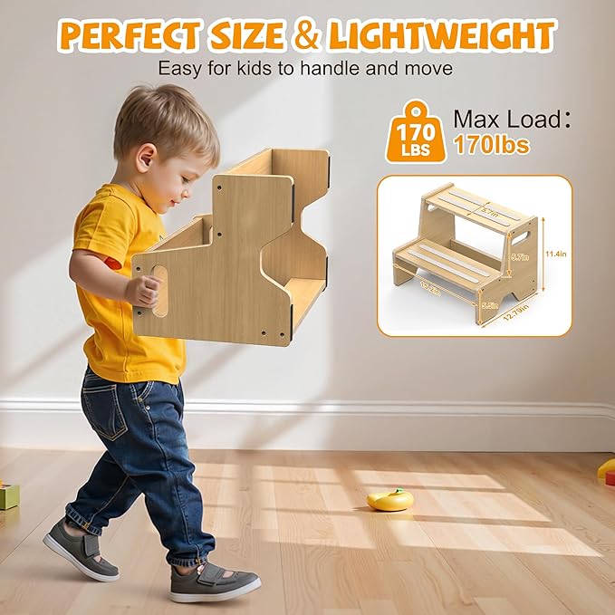 Step Stool for Toddler, Sturdy Wooden 2-Step Stool with Anti-Slip Surface and Pads for Barthroom, Kitchen, Bedroom, Toilet, and Potty Training - 2 Pack