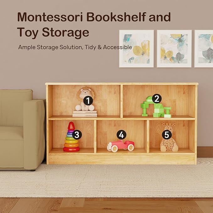 Wingyz Rubber Wood Montessori Bookshelf, 5-Section Wooden Storage Cabinet, 2 Shelf Bookcase Toy Storage Organizer, 43.3"L Montessori Shelf for Kids Rooms Classroom Playroom Nursery Daycare, Child-Safe