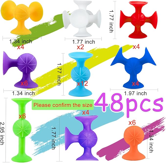 48 Piece Suction Cup Bath Toys for Kids Ages 3+, Sensory Toys for Autistic Children, Travel Window Stem Learning, Bathtub with Storage