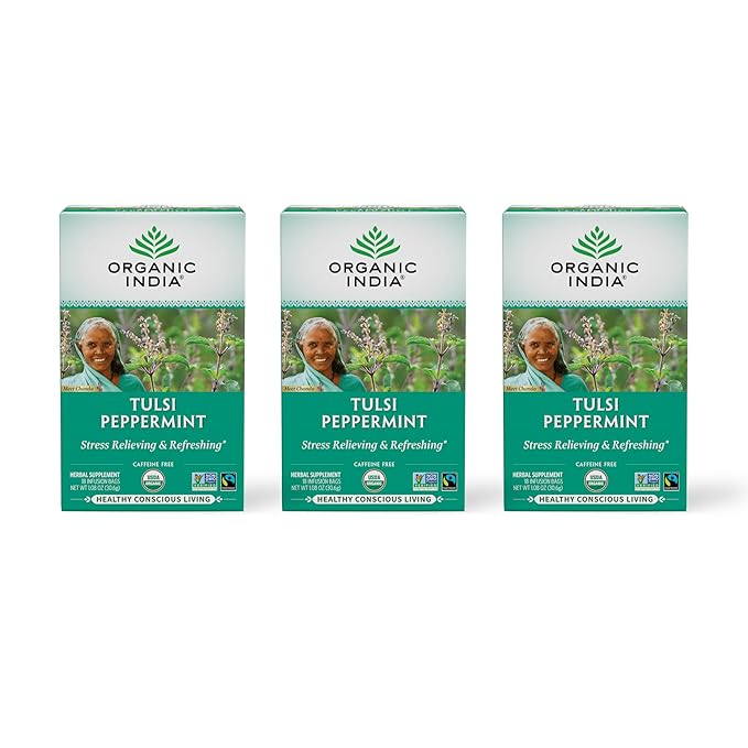 ORGANIC INDIA Tulsi Peppermint Tea - Caffeine Free Herbal Mint Tea - Stress Relieving Holy Basil, Immune & Digestion Support, Vegan, USDA Certified Organic, Fairtrade - 18 Infusion Bags, 3 Pack