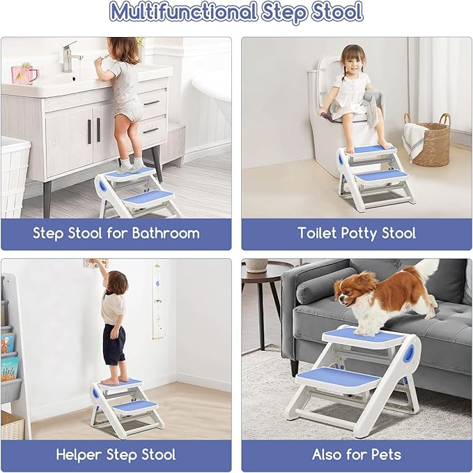 Foldable Toddler Step Stool for Bathroom Sink - 2-Step Kids Stool for Potty Training, Kitchen Counter & Bedroom, Sturdy Non-Slip Child Safety Stool Helper