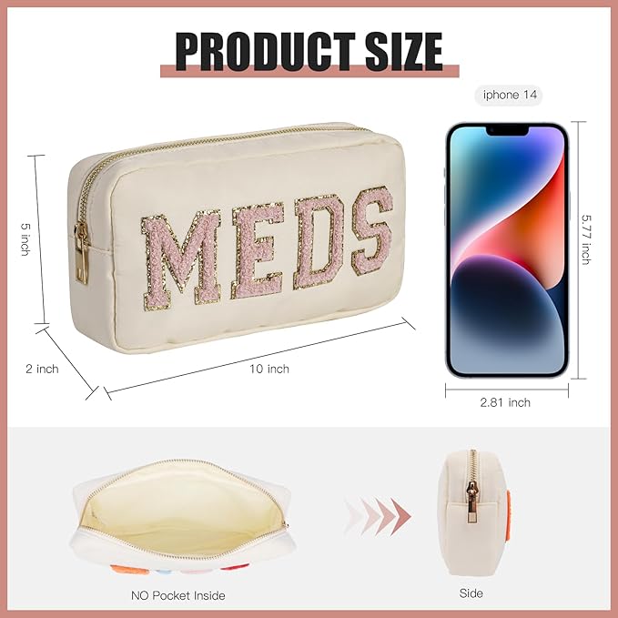 2pcs Personalized Chenille Letter Patch MEDS and RX Bags Set,Cute Nylon Drug Medicine Travel Makeup Bag with Zipper, Preppy Vitamin Organizer Bag for Women and Girls (RX+MEDS Beige)