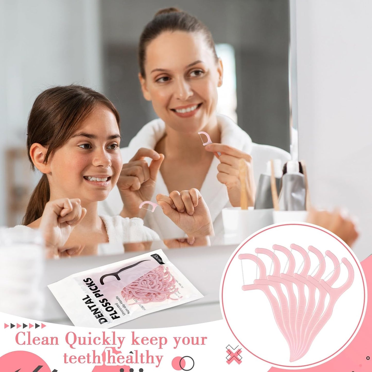 Baderke 200 Count Floss Picks Bulk Non Breakable Tooth Picks Flosser Dental Floss Sticks for Adults Teeth Cleaning Dental Flossers for Family Pack Travel(Light Pink)