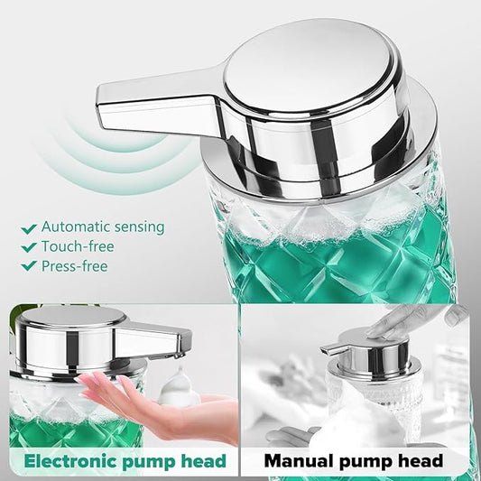 Automatic Soap Dispenser Foam for Kitchen: 11 OZ Glass Touchless Clear Auto Foaming Soap Dispenser for Bathroom - Hand Dish Lotion Home Countertop Kids - Family Couple