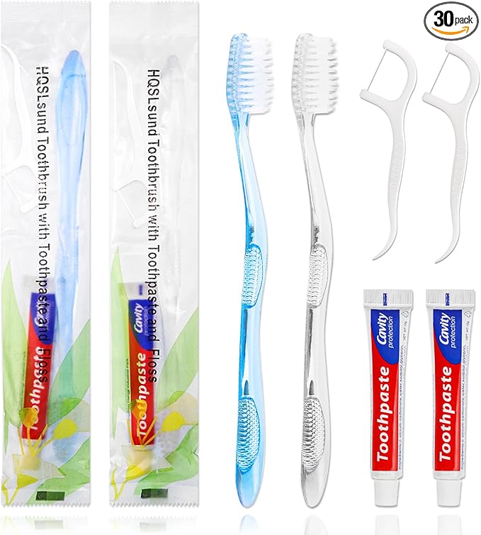 30 pcs Disposable Toothbrushes with Toothpaste Floss Individually Wrapped, 2 Color Disposable Toothbrush, 10g Toothpaste, Dental Floss Pick, Bulk Toothbrush Kit for Homeless,Airbnb,Hotel,Guest