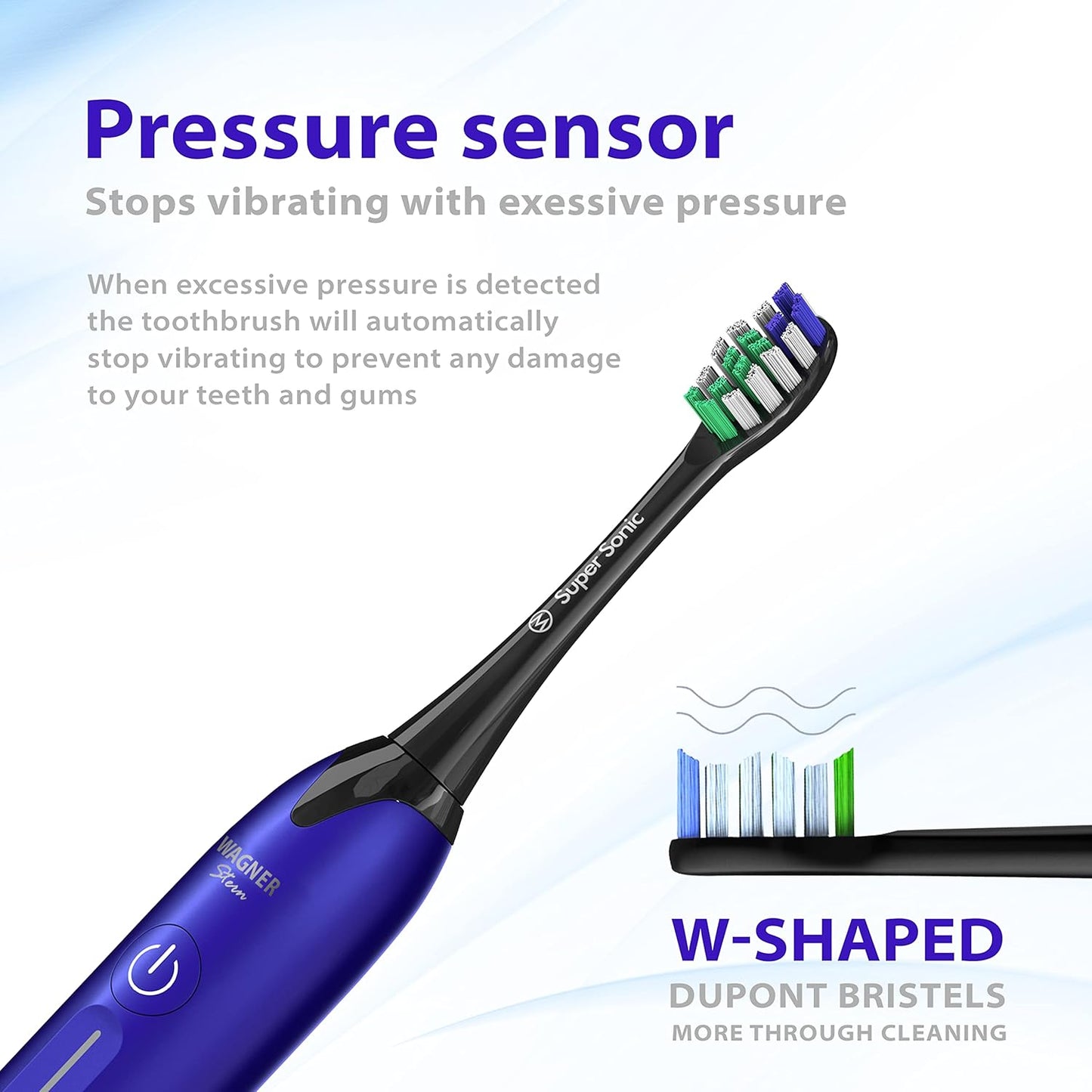 Wagner Stern Ultrasonic whitening Toothbrush with Pressure Sensor. 5 Brushing Modes and 4 Levels of Intensity, 8 Soft bristles, Travel case.