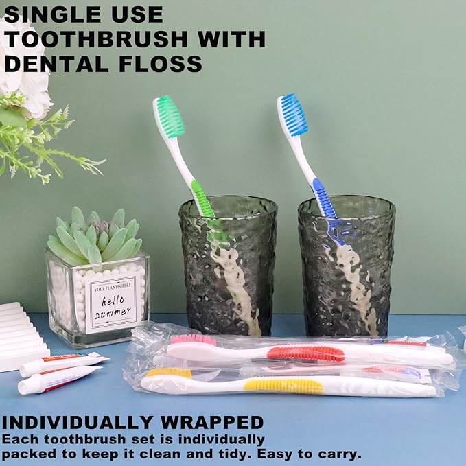 Disposable Toothbrushes with Toothpaste and Floss,10pcs Single Use Individually Wrapped Disposable Travel Toothbrushes and Dental Floss Kit Bulk for Homeless,Airbnb,Dentist,Hotel(5 Colors)