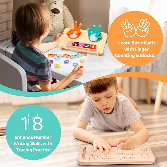 Montessori Learning Toys for Toddlers 2-4, Double-Sided Finger Counting & Number Tracing Board, Colorful Number Blocks, Solid Pine Wood Educational Math Toy for Kids Boys Girls Ages 1 3 5 Year Old