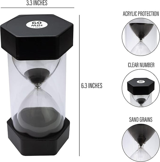 Sand Timer for Kids - 60 Minute Black - 6.3 inches Hour Glass Acrylic Covered Clock for Classroom, Home & Kids Room Large - Single Pack