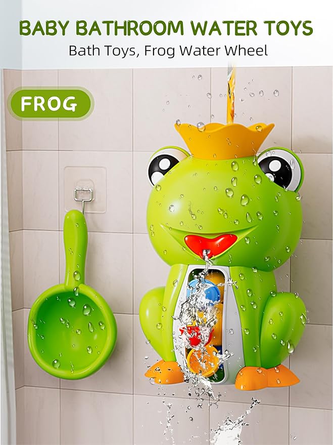 Baby Bath Toy with Suction Cups, Cute Frog Waterfall Bathtub Toy with Spinning Waterwheel, Interactive Toddler Bathtub Toy for Boys and Girls Gifts Ages 1-3
