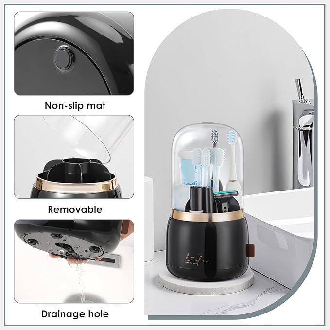 EXIN DECHEN Toothbrush Holders with Cover for Bathrooms, 360° Rotating 7-Slot Draining Water for Placing Kids Electric Toothbrushes,Toothpaste,Razors,Bathroom Counter Dresser Vanity Organizer(Black)