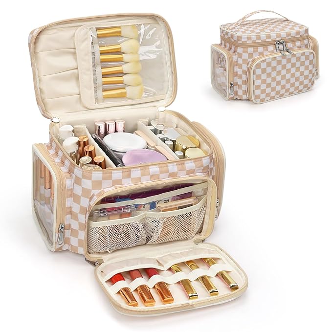 Large Makeup Bag, Portable Travel Makeup Bag Organizer for Women Girls with Makeup Brush Compartment & Two Side Pockets, Cosmetic Travel Bag Vertical Storage Toiletry- Checkerboard