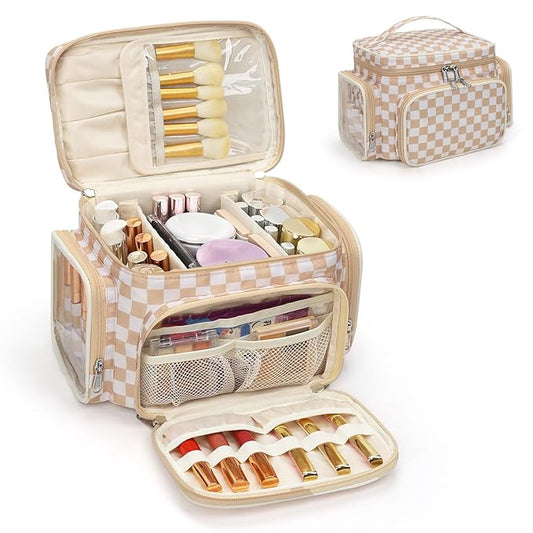 Large Makeup Bag, Portable Travel Makeup Bag Organizer for Women Girls with Makeup Brush Compartment & Two Side Pockets, Cosmetic Travel Bag Vertical Storage Toiletry- Checkerboard