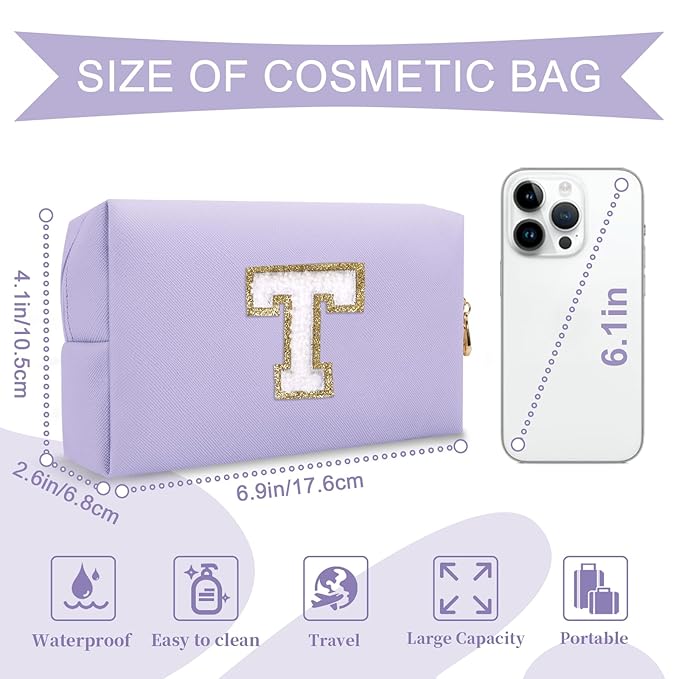 Personalized Makeup Bag Initial A-Z Preppy Patch Bag,Small PU Leather Travel Cosmetic Bag Pouch with Zipper,Purple Cute Toiletry Bag,Gift Ideal for Teen Girls Women Birthday Friend Mom,Latter T