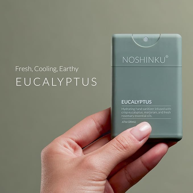 Noshinku - Refillable Hand Sanitizer Eucalyptus 3-Pack, Travel Size Spray with Hydrating Botanical Oils, Natural Ingredients, All Natural Fragrances, Sugarcane Derived Alcohol, No Parabens, No Dyes