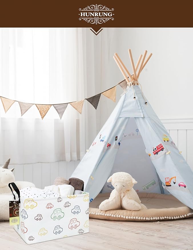 HUNRUNG Rectangle Storage Basket Cute Canvas Organizer Bin for Pet/Children Toys, Books, Clothes Perfect for Rooms/Playroom(REC-Car)