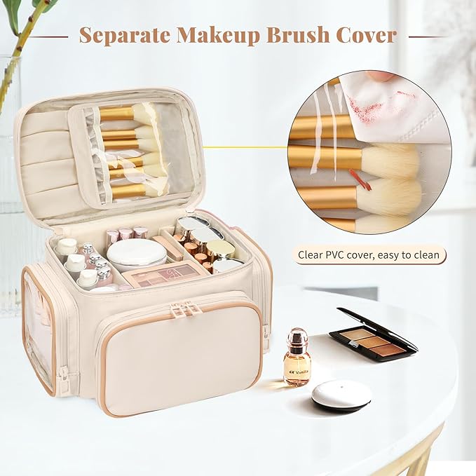 Large Makeup Bag, Portable Travel Makeup Bag Organizer for Women Girls with Makeup Brush Compartment & Two Side Pockets, Cosmetic Travel Bag Vertical Storage Toiletry - White
