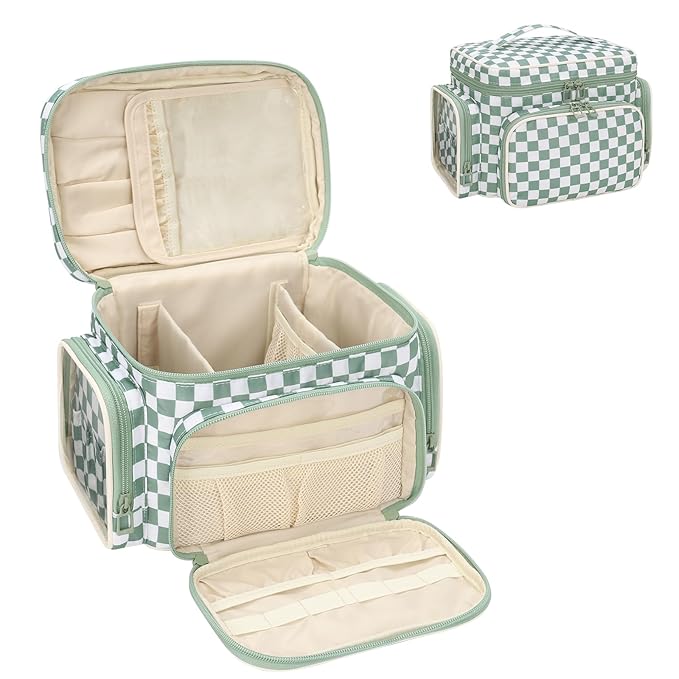 Large Checkered Makeup Bag, Portable Travel Makeup Bag Organizer for Women Girls with Makeup Brush Compartment & Two Side Pockets, Cosmetic Travel Bag Vertical Storage Toiletry Bag- Green1