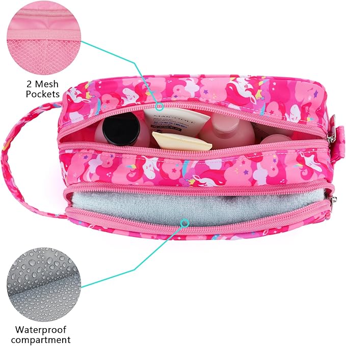 Unicorn Kids Toiletry Bag for Girls, Travel Toiletry Bag for Little Young Girls Cosmetic Bag Makeup Bag Waterproof Hanging Wash Bag Toddler Toiletries, Pink